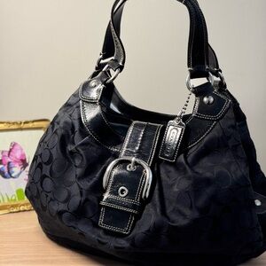 Coach Black Signature Shoulder Hobo with Silver Hardware Vintage 2000s